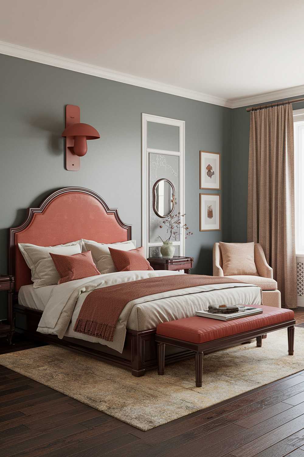 A terracotta bedroom design and decor. The room has a king-sized bed with a dark brown wooden frame and a terracotta coloured headboard. There is a beige area rug beneath the bed. On the wall above the bed, there is a large terracotta coloured wall sconce. There is a beige chair in the corner. The walls are painted in a muted blue hue. The floor is made of dark brown wooden planks.