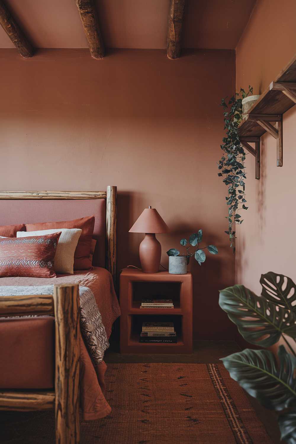 A bedroom with a stylish terracotta design. The room has a wooden bed with a terracotta headboard. There's a terracotta lamp on the nightstand. The walls are painted in a terracotta hue. The room has a rug and a few decorative items, including a plant and a wooden shelf. The room has a warm and inviting ambiance.