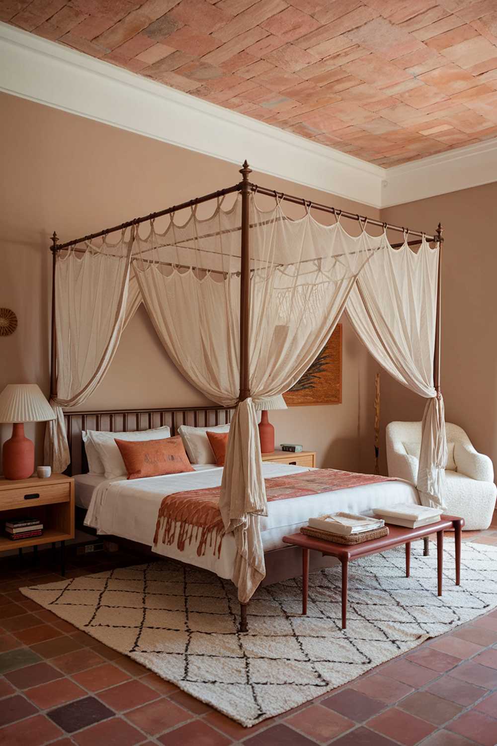 A terracotta bedroom design and decor with a canopy bed. The bed is placed on a terracotta tile floor. The walls are painted in a soft beige hue. The room has a white rug, a wooden nightstand, and a terracotta lamp. There's a white chair in the corner. The ceiling has a terracotta pattern.