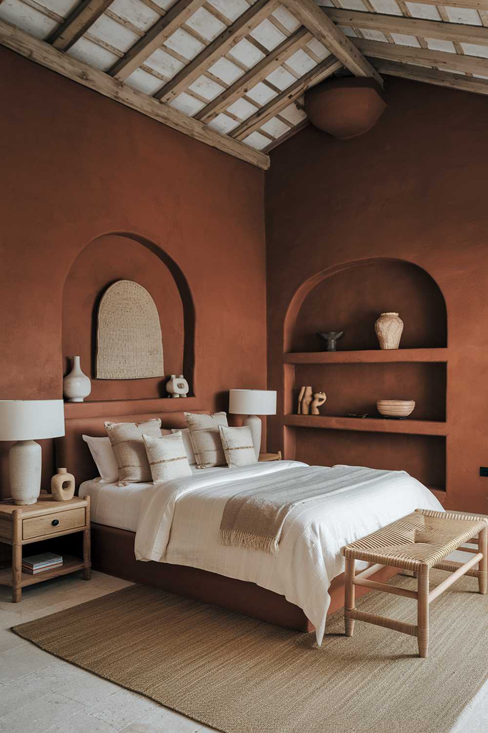 A terracotta bedroom with a high ceiling. The room has a double bed with a white duvet and beige pillows. There's a wooden nightstand on the left side of the bed with a white lamp and a beige decorative item. The wall opposite the bed has a wooden shelf with a few decorative items. The floor is covered with a beige rug. The ceiling has a wooden beam structure.