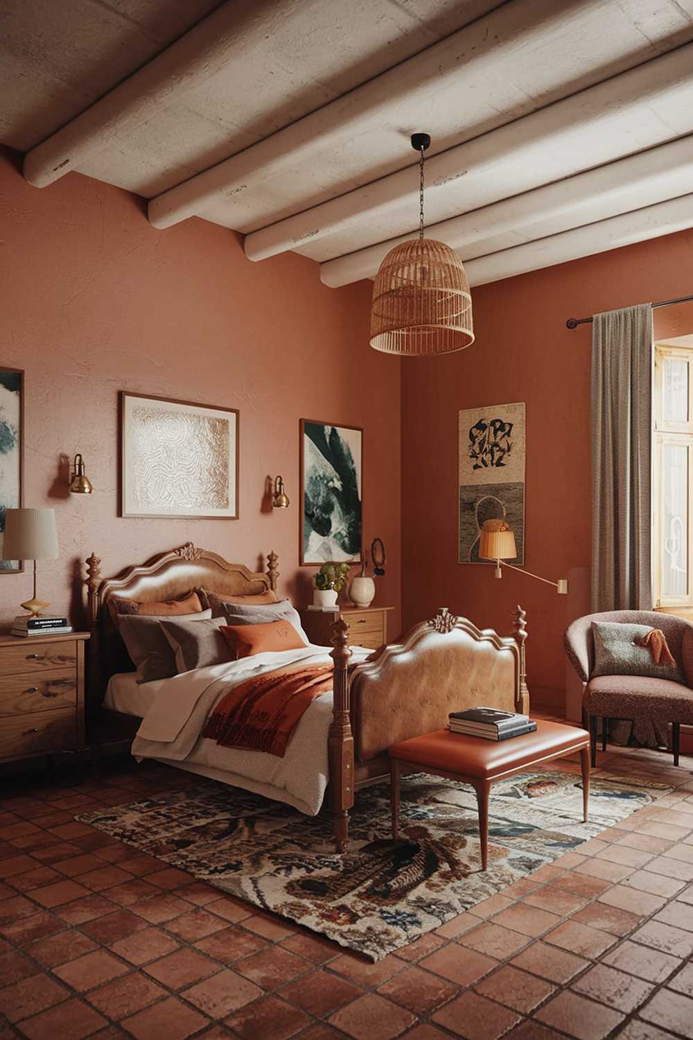 A terracotta bedroom design and decor. The room has a terracotta tile floor and is furnished with a vintage wooden bed, a nightstand, and a chair. There's a patterned rug under the bed. The walls are adorned with a few pieces of artwork and a lamp.