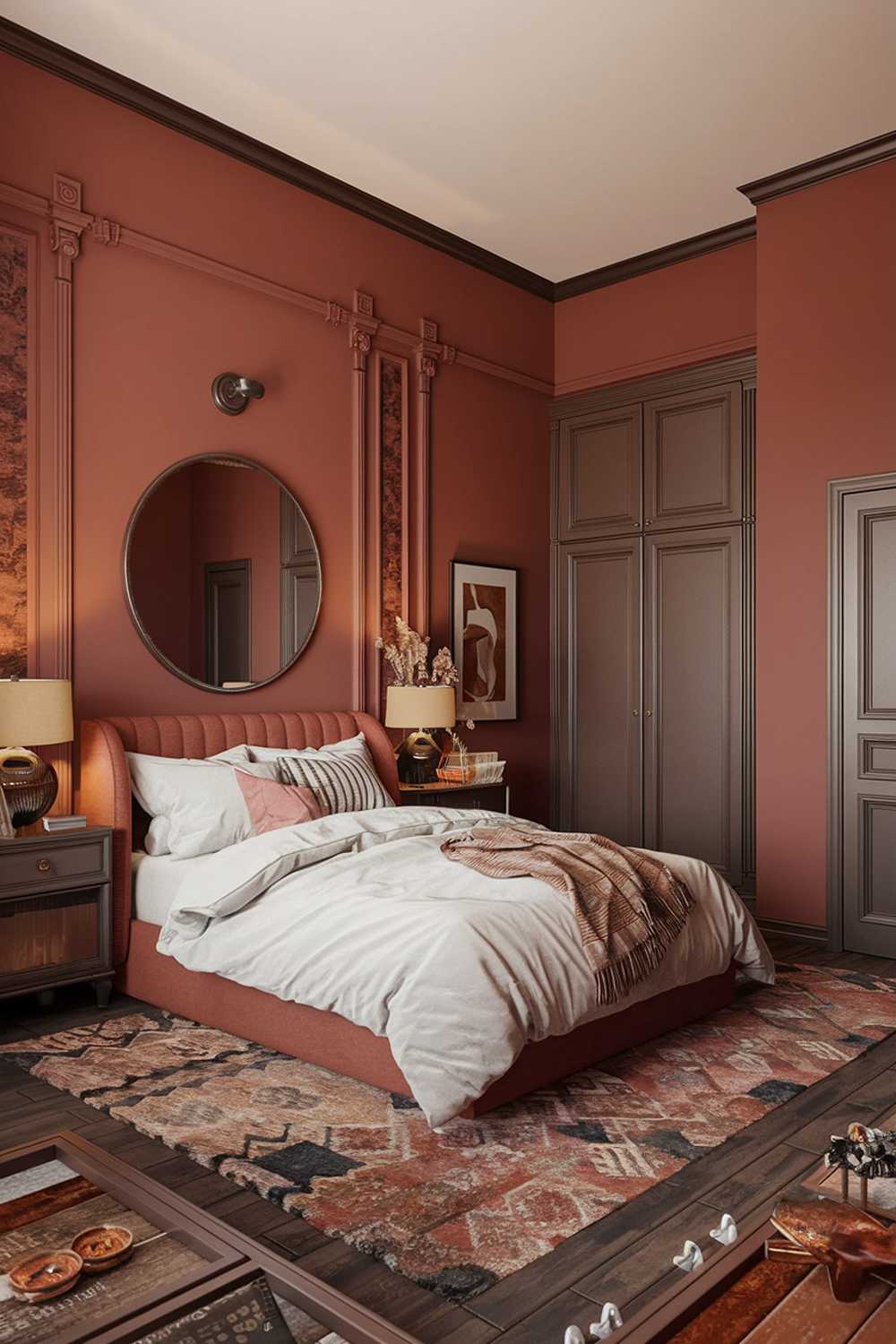 A terracotta bedroom design and decor. The room has a terracotta-colored wall and a patterned rug. There is a bed with a white duvet and a few pillows. On the wall, above the bed, there is a large round mirror. There is a nightstand beside the bed with a lamp. On the opposite wall, there is a wardrobe. The floor has a wooden frame. The room has a warm lighting.