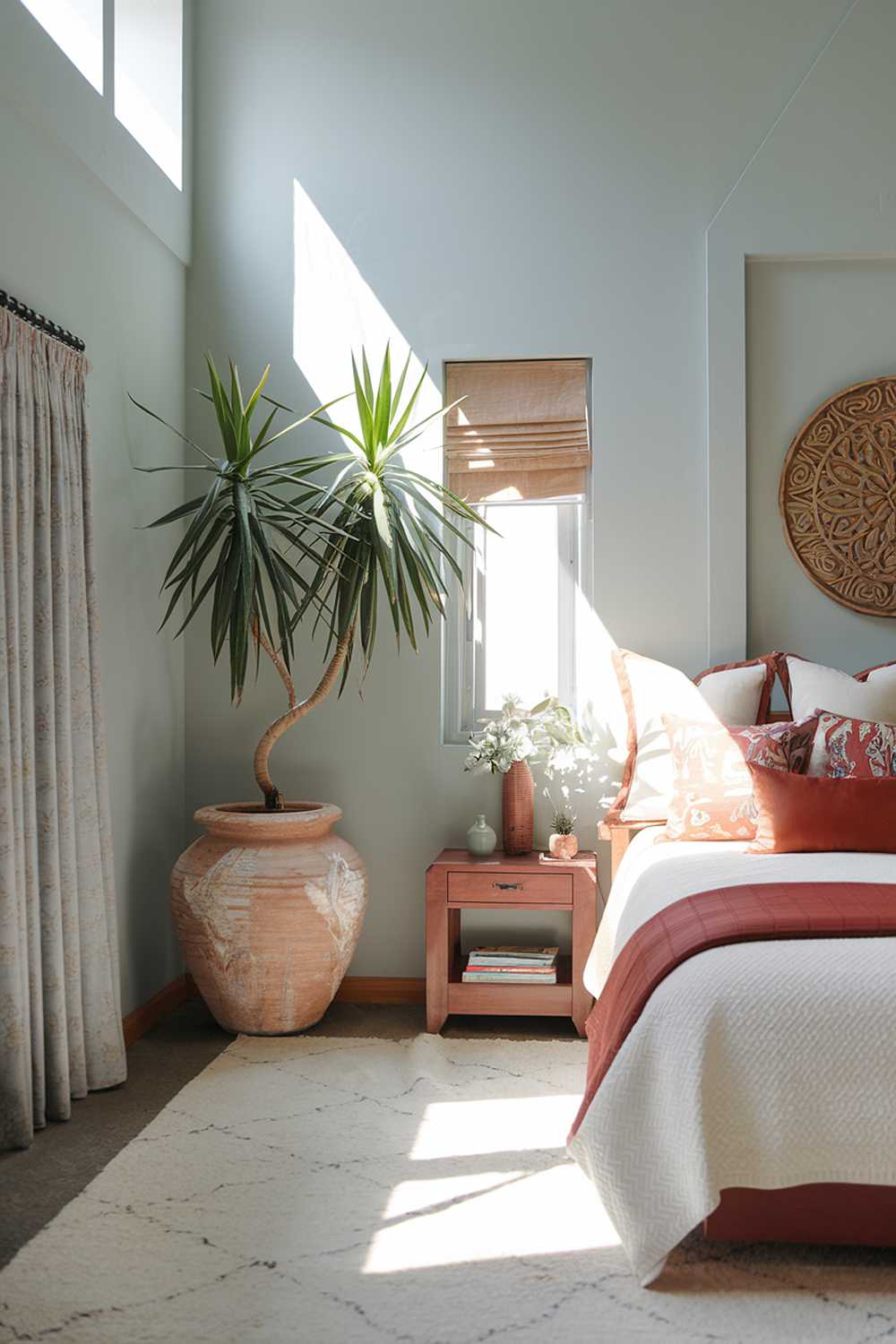 A terracotta bedroom design and decor. The room has a high ceiling and is filled with natural light. There's a large terracotta pot with a plant in the corner. The room contains a bed with a white duvet and terracotta throw pillows. There's a wooden nightstand next to the bed. The walls are painted in a light blue hue. The floor is covered with a white area rug.