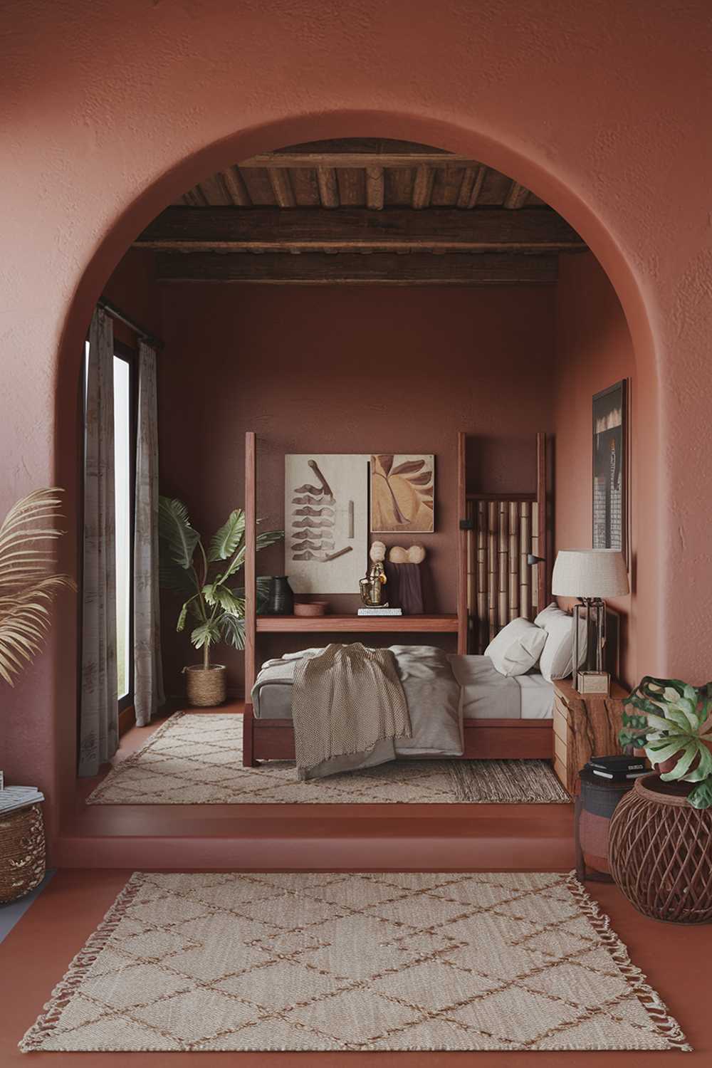 A terracotta bedroom design and decor. The room has a terracotta floor and walls. The bed is placed against the wall. There is a wooden rack beside the bed. The room has a lamp, a plant, and a decorative piece on the wooden rack. The room has a rug. The room has a window. The room has a door.