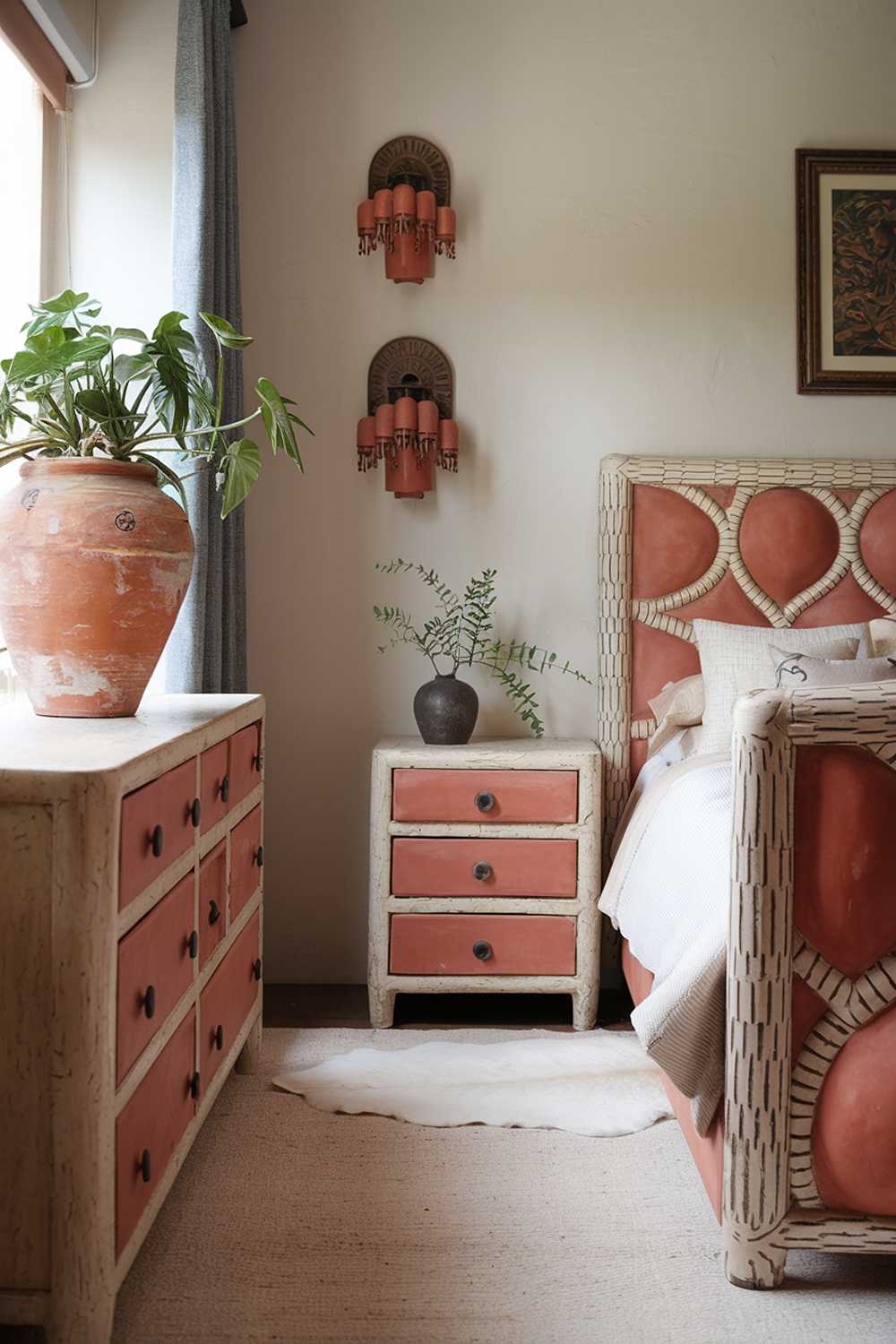 A terracotta bedroom design. The room has a large terracotta pot with a green plant near the window. There is a vintage-style wooden dresser with terracotta drawers and a matching nightstand next to the bed. The bed has a white frame and a terracotta headboard with a unique pattern. The walls are adorned with vintage-style terracotta light fixtures and framed artwork. The floor is covered with a white sheepskin rug.