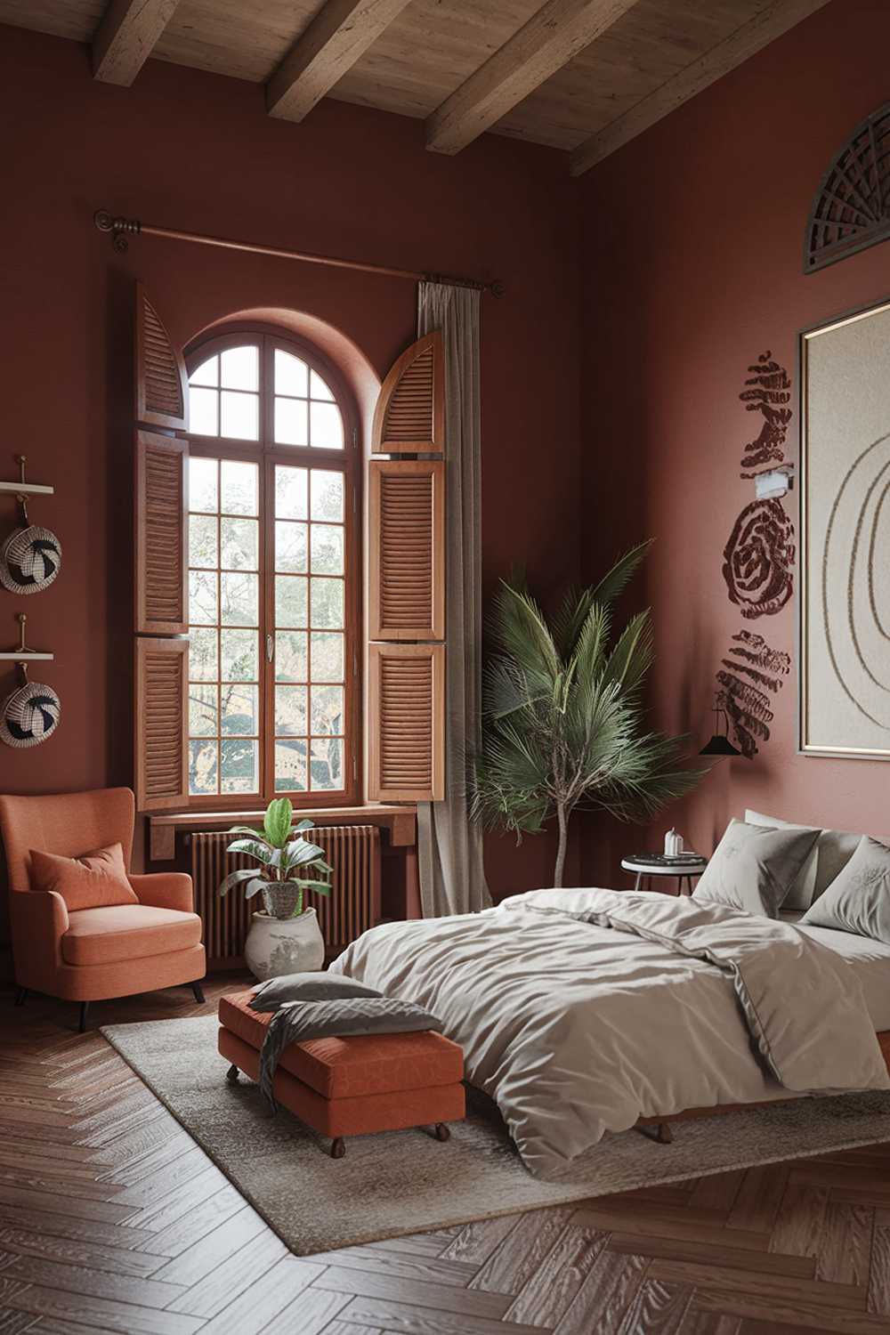 A terracotta bedroom design and decor. The room has a high ceiling and is painted in terracotta. There is a large window with wooden shutters. The floor is made of wooden planks. There is a cozy armchair in the corner, near the window. The bed has a white duvet and a few pillows. There is a small table next to the bed. The walls are decorated with a large artwork and a few small plants.