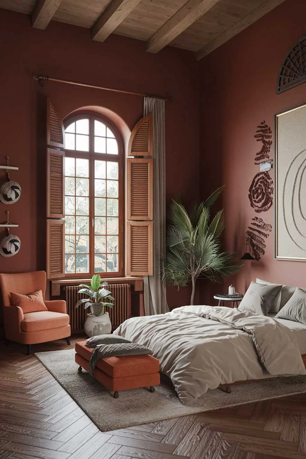 A terracotta bedroom design and decor. The room has a high ceiling and is painted in terracotta. There is a large window with wooden shutters. The floor is made of wooden planks. There is a cozy armchair in the corner, near the window. The bed has a white duvet and a few pillows. There is a small table next to the bed. The walls are decorated with a large artwork and a few small plants.