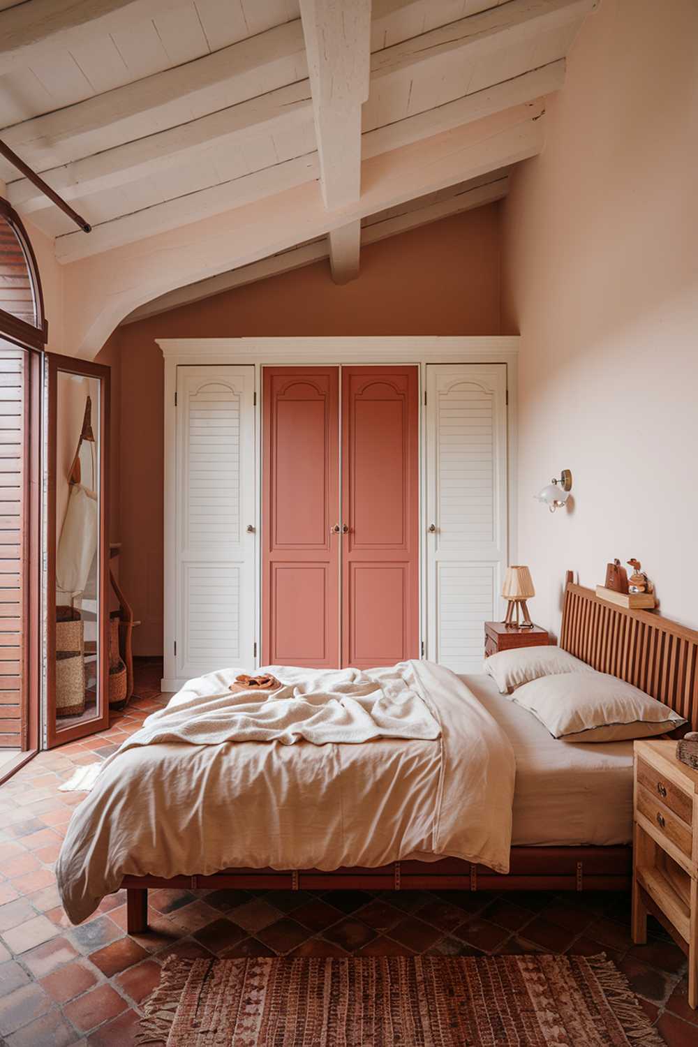 A cozy terracotta bedroom with a stylish design. The room has a high ceiling and is filled with natural light from a large window. The walls are painted white. There is a comfortable bed with a beige duvet and two pillows. The bed has a wooden frame and is placed on a terracotta rug. The room has a wooden nightstand with a lamp. There is a white wardrobe with a terracotta door. The floor is made of terracotta tiles.