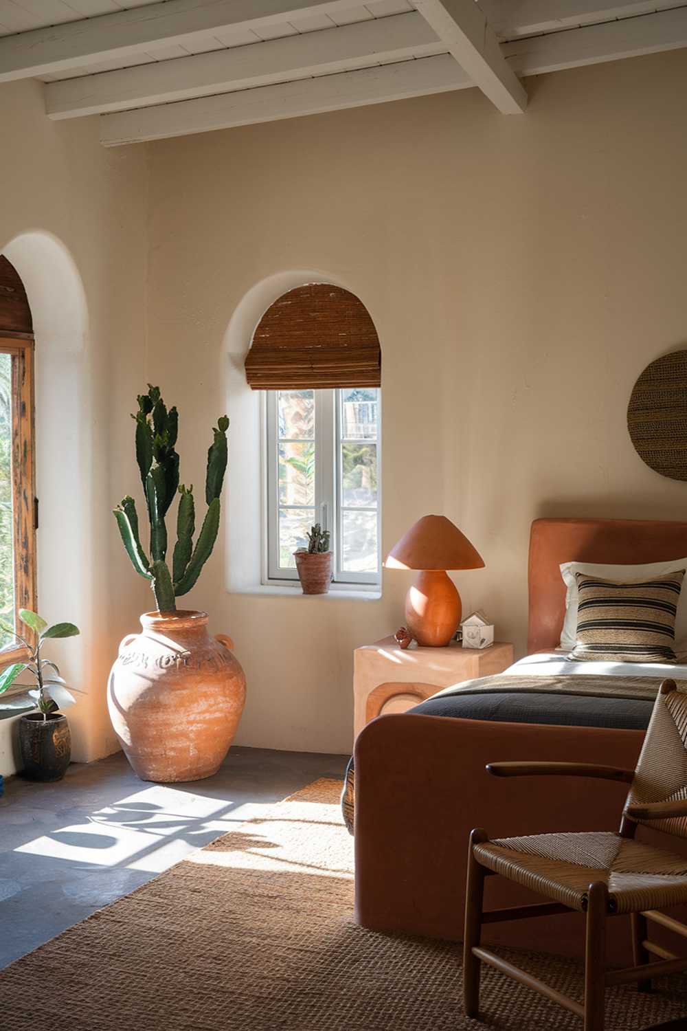 A terracotta bedroom with stylish decor. The room has a high ceiling and is filled with natural light. There is a large terracotta pot with a cactus near the window. The bed is placed in the middle of the room, with a terracotta lamp on the nightstand. There is a wooden chair near the bed. The walls are painted white.