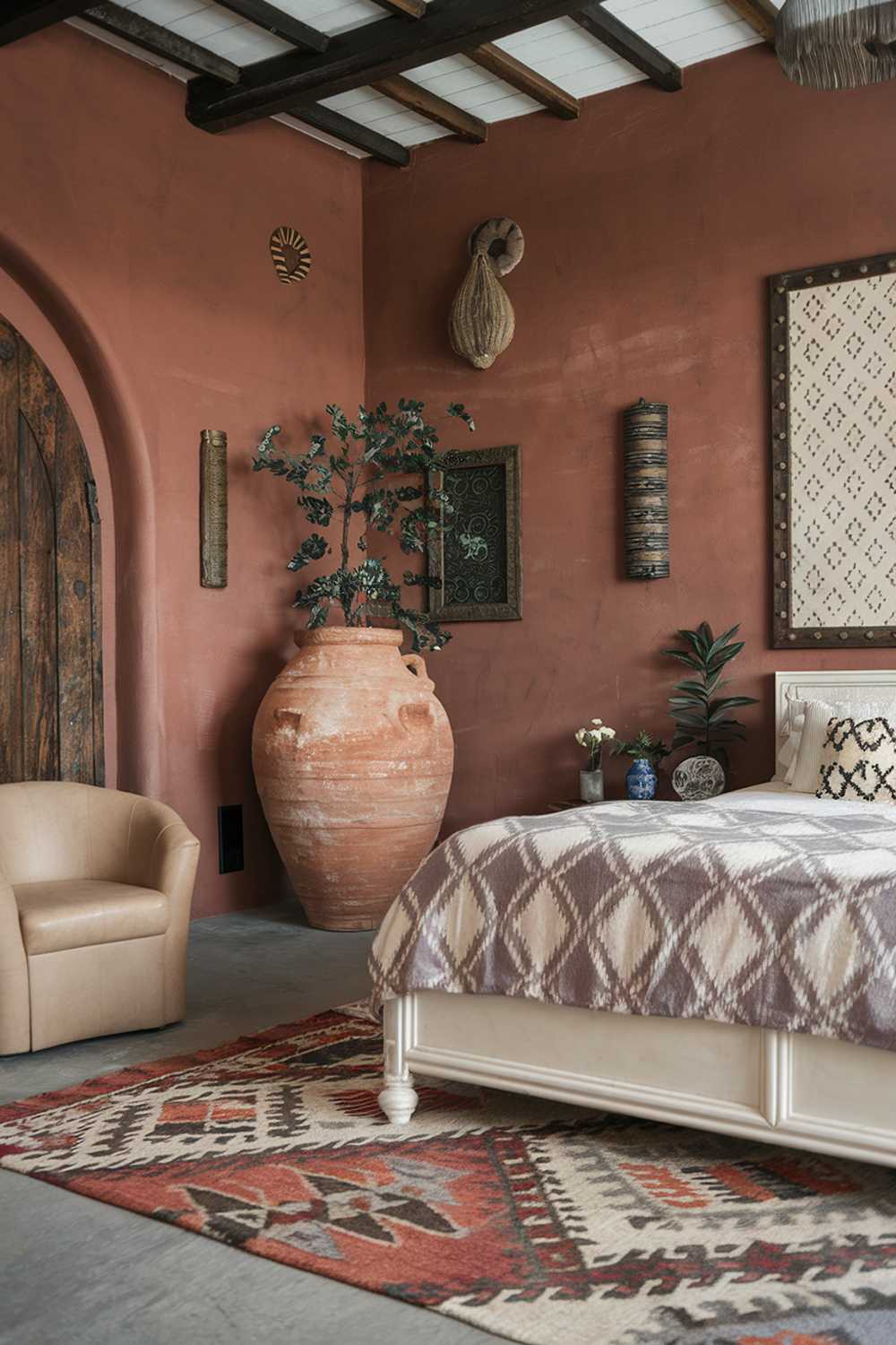 A terracotta bedroom with a stylish design. The room has a high ceiling and is adorned with rustic elements. There's a large terracotta pot with a plant in the corner. The bed has a white frame and is covered with a patterned gray and white blanket. There's a beige armchair near the bed. The walls have some decor, including a large frame with a pattern. The floor is covered with a patterned rug.