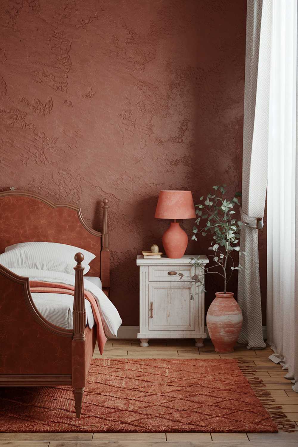 A terracotta bedroom design and decor. The room features a terracotta-colored wall with a textured finish. There is a vintage-style wooden bed with a white mattress. A white wooden nightstand with a terracotta lamp is placed next to the bed. A terracotta-colored rug covers the wooden floor. A set of white curtains adorns the window. A vintage-style terracotta pot with a plant is placed on the nightstand.