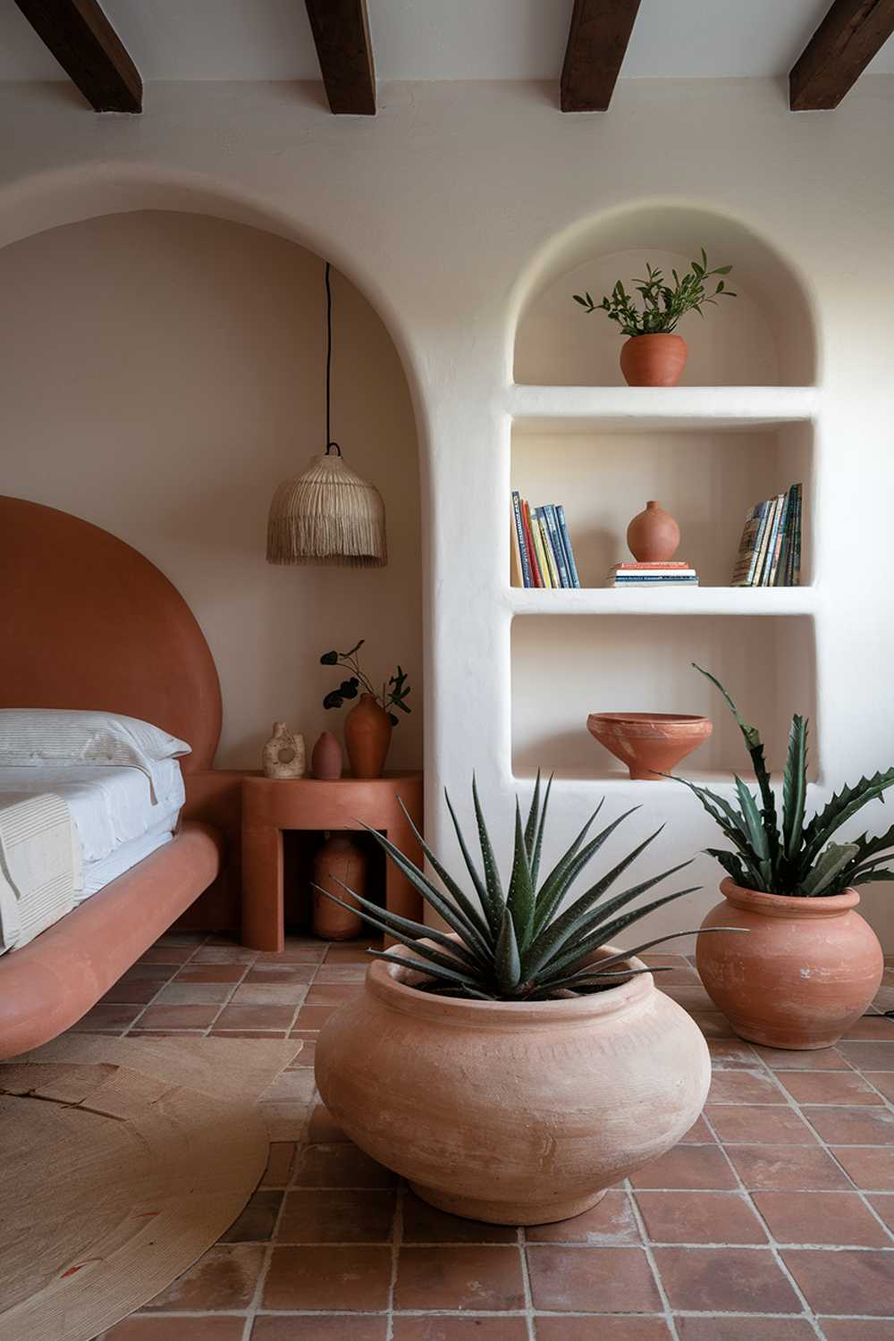 A terracotta bedroom design and decor. The room has a terracotta tile floor, a white curved bed frame, and a terracotta-colored headboard. There's a white bookshelf with a few books and decorative items. A large, round terracotta planter with a plant sits on the floor. The room has a few decorative items, including a white lamp with a terracotta lampshade, a terracotta pot with a plant, and a terracotta bowl. The room has a warm, inviting atmosphere.