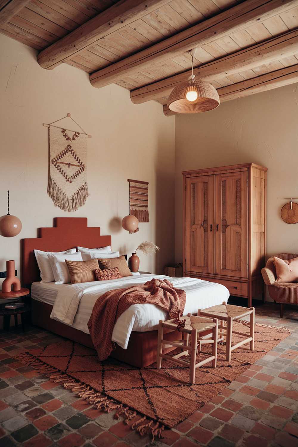 A terracotta bedroom design and decor. The room has a cozy atmosphere with a terracotta floor, white walls, and a wooden ceiling. There's a white bed with a terracotta headboard. The bed is placed on a terracotta rug. There's a wooden wardrobe, a nightstand, and a chair. The room has a few decorative items, including a lamp, a vase, and a wall hanging. The lighting is warm.