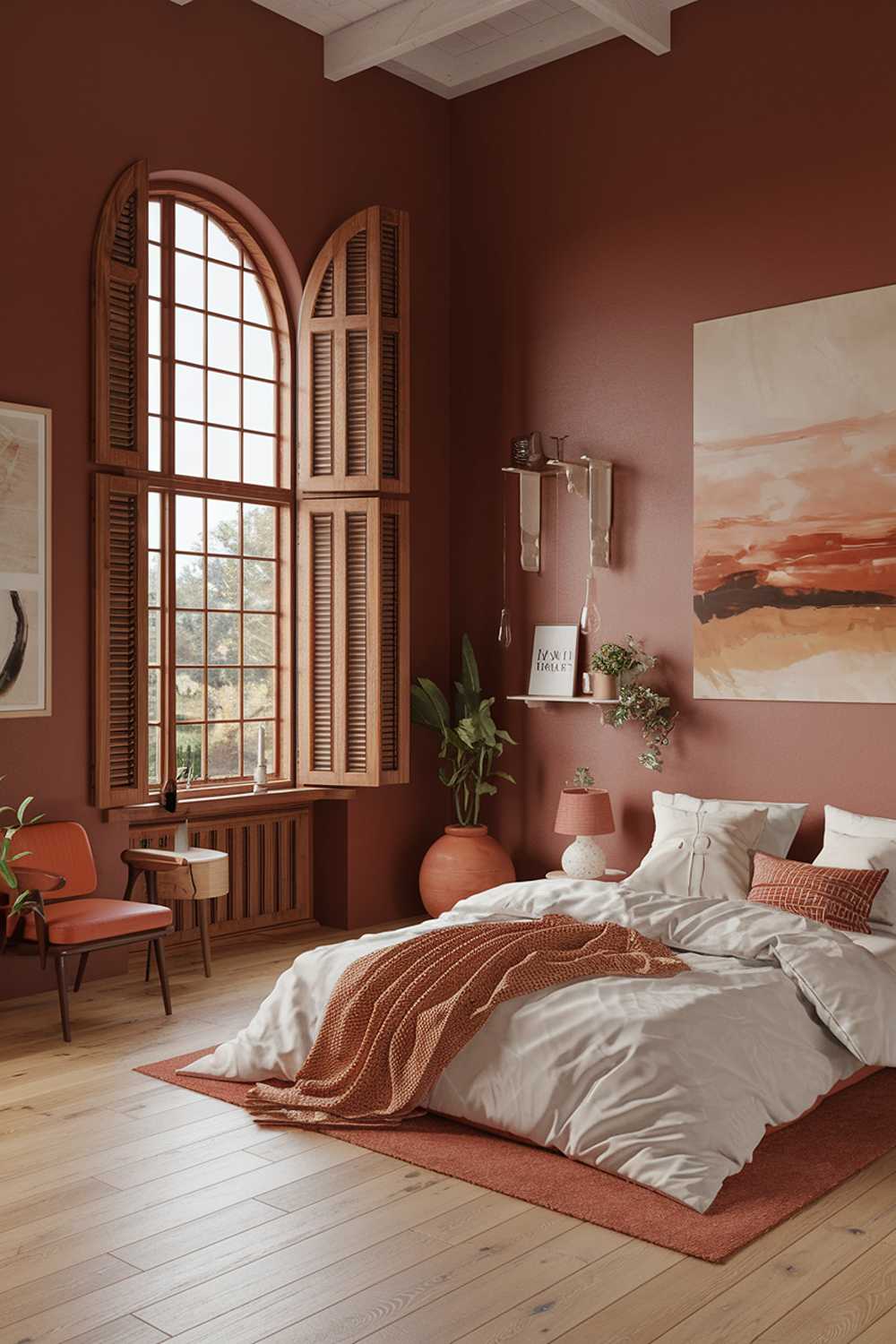 A terracotta bedroom design and decor. The room has a high ceiling and is painted in a warm terracotta hue. There is a large window with wooden shutters allowing natural light to fill the room. The floor is made of light wooden planks. A comfortable bed with a white duvet and a few pillows is placed against the wall. The walls have a few pieces of art, including a large painting of a landscape and a small frame with the text "Breathe". The room has a few decorative items, such as a terracotta pot, a wooden chair, and a white shelf with a plant.