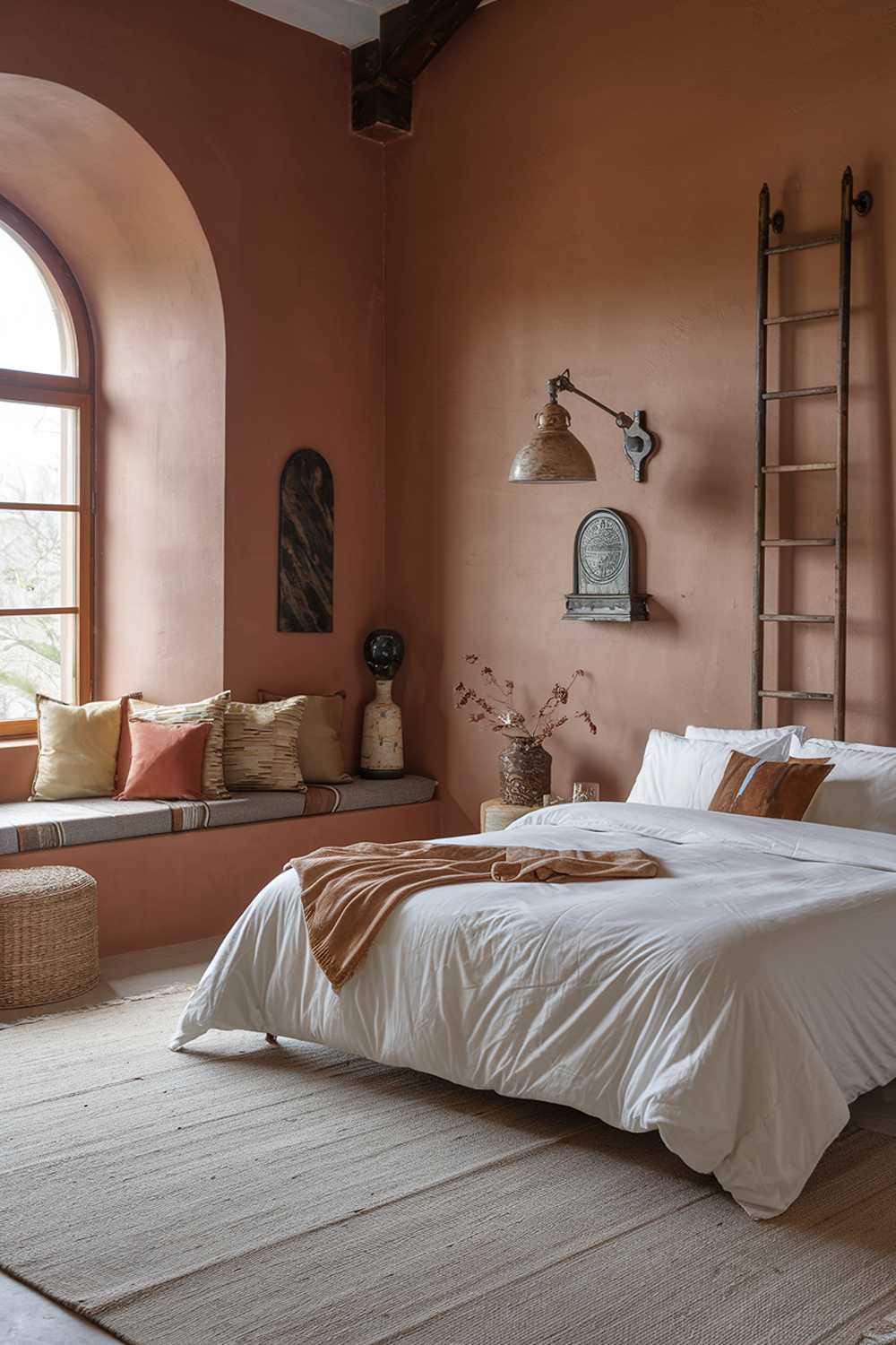 A terracotta bedroom with a stylish design. The room has a high ceiling and a large window with a wooden frame. There's a king-size bed with a white duvet and a few pillows. On the wall, there's a vintage-style lamp and a wooden ladder. The floor is covered with a large rug. The walls are painted in a light terracotta color.