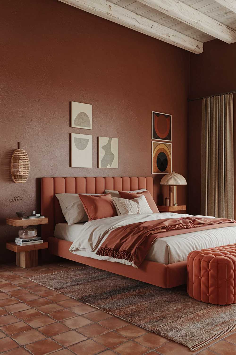 A terracotta bedroom design and decor. The bedroom has a terracotta tile floor, a terracotta-colored wall, and a terracotta-colored bed frame. The bed is topped with a white duvet and a few pillows in various shapes and sizes. There's a wooden nightstand next to the bed, holding a lamp and a decorative item. The room has a few pieces of art on the terracotta wall and a rug on the floor.