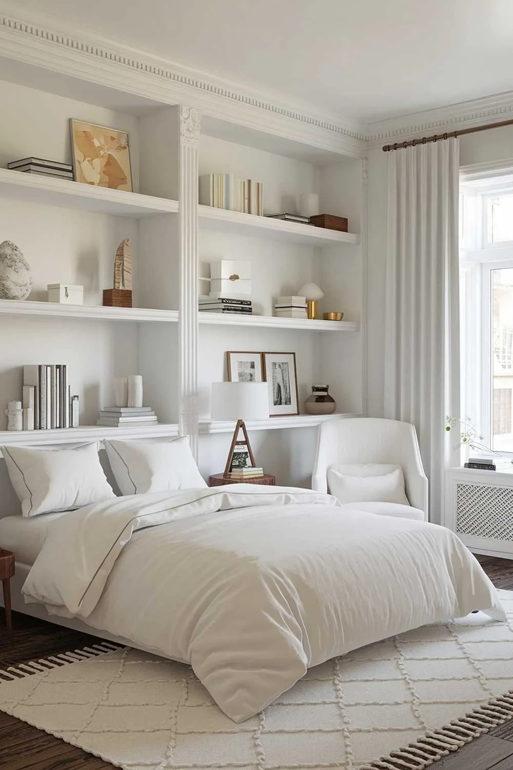 A white bedroom design and decor. The room has a queen-size bed with a white duvet and two white pillows. There's a white chair in the corner near the window. The walls have white shelves with decorative items. The floor has a white area rug. The room has a white lampshade on a wooden stand near the bed. The window has white curtains. The room has a white closet.