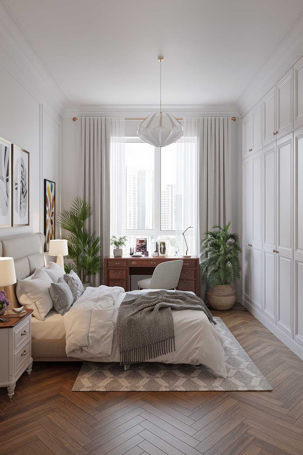 A white bedroom design and decor with a queen-size bed, a nightstand, a desk, a chair, and a wardrobe. The room has a few plants and a lamp. The floor is made of wooden planks. The walls are adorned with a few pieces of artwork.