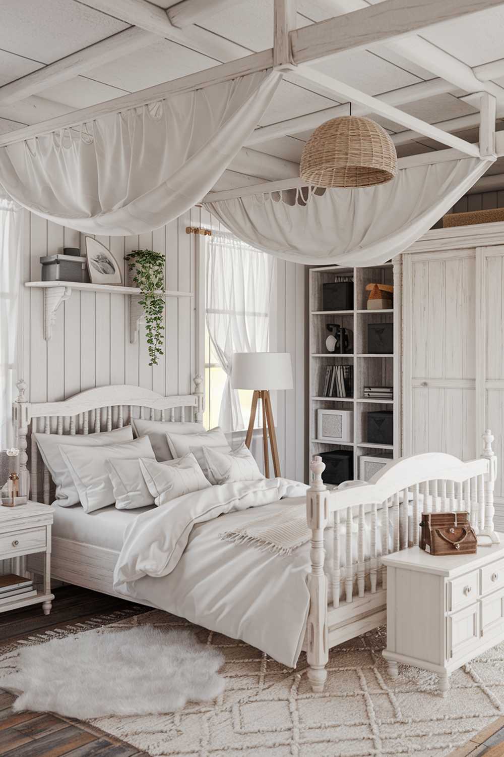 A white bedroom design and decor. The room has a white wooden bed with plush white pillows. There's a white wooden nightstand beside the bed. The floor is covered with a white rug. The room has a white wooden wardrobe and a white bookshelf. There's a white lampshade on a wooden stand near the bed. The walls have white curtains and a shelf with a plant.