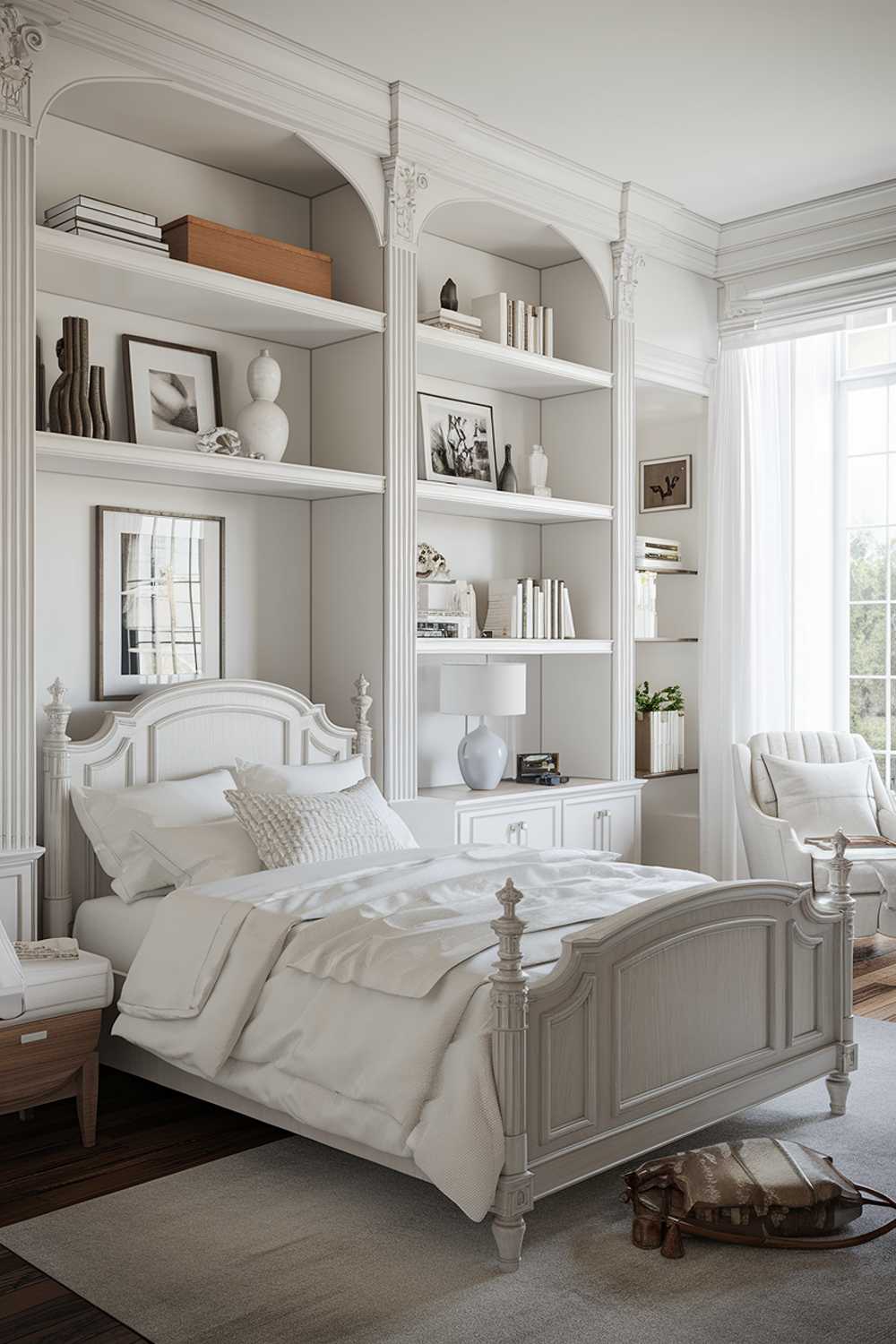 A white bedroom design and decor. The bedroom has a white wooden bed with a white blanket. There is a white chair next to the bed. The walls have white shelves with decorative items. A white lamp is placed on the bedside table. The flooring is made of dark wood. The room has a large window allowing natural light to brighten the space.