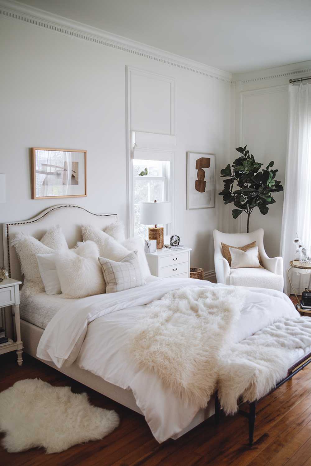 A white bedroom aesthetic design and decor. The room features a white bed with a fluffy white duvet and multiple white pillows. There is a white nightstand beside the bed with a lamp and a decorative item. The room has a white chair in the corner, next to a plant. The walls have a few pieces of art. The floor is made of hardwood.