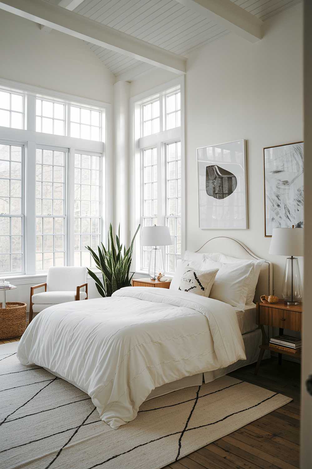 A white bedroom with a stylish aesthetic design and decor. The room has a high ceiling, large windows, and a wooden floor. There's a bed with a white duvet and a few pillows. A wooden nightstand is placed beside the bed, holding a lamp and a book. A white chair and a plant are near the window. The walls have a few pieces of artwork.