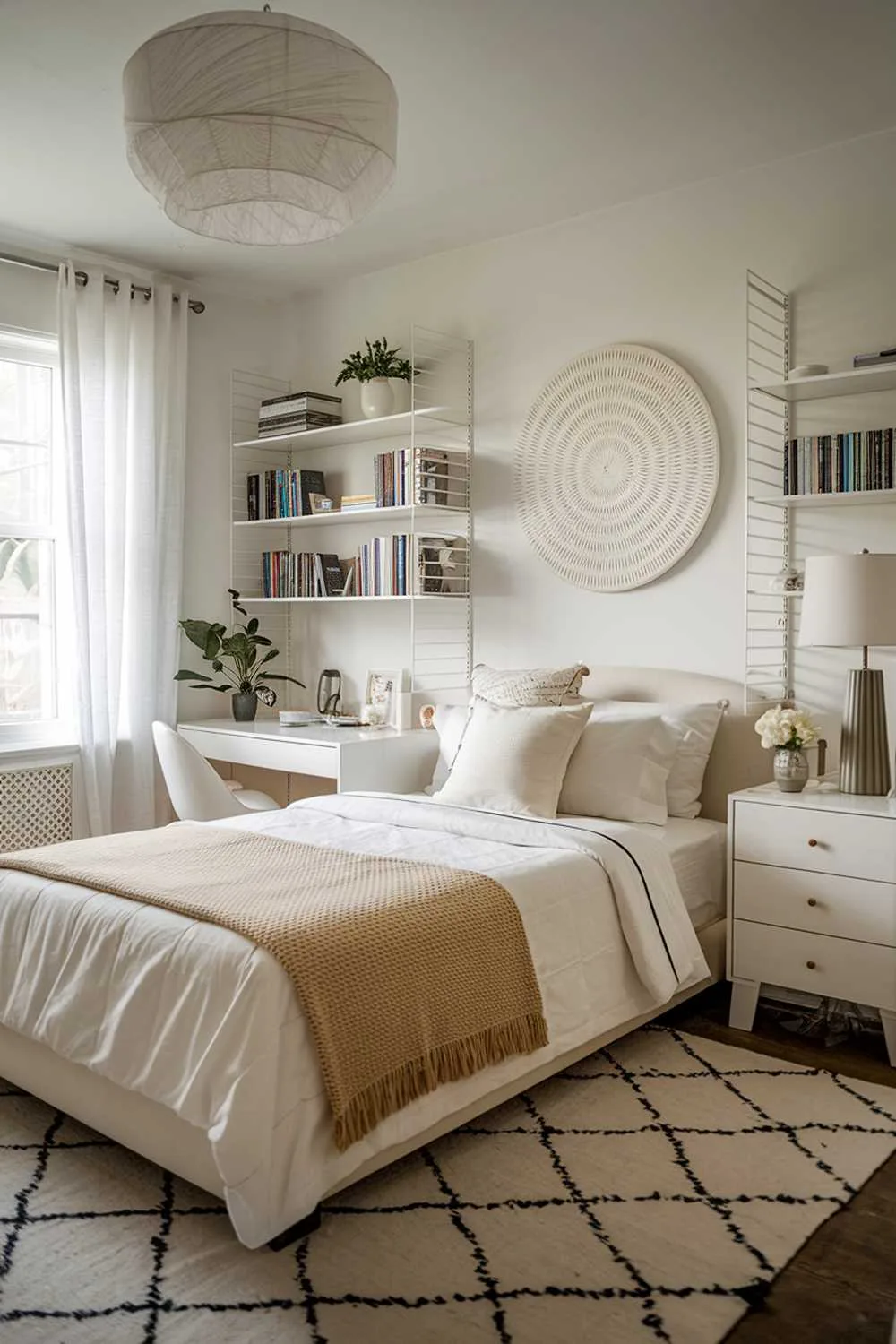 A white bedroom aesthetic design and decor. The room has a white bed with a beige blanket and a white pillow. There's a white nightstand next to the bed. The room has a white desk and a chair. There's a white lampshade on the nightstand and the desk. The room has a white bookshelf with books. The room has a white rug. The room has a white wall art. The room has a white curtain. The room has a white plant. The room has a white lamp.