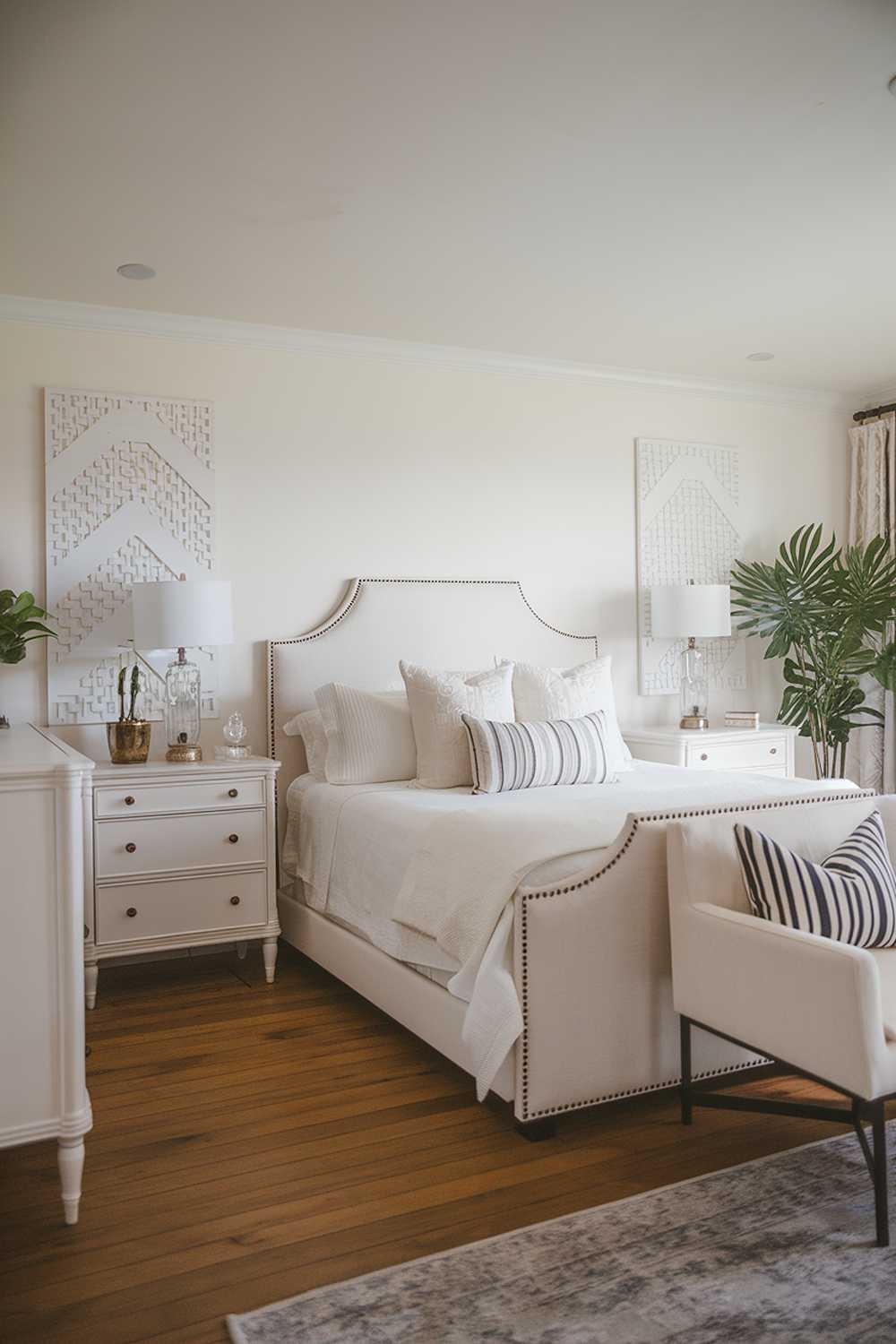 A cozy all white bedroom design and decor. The room features a queen-size bed with a white headboard. There's a white dresser, a nightstand, and a chair. The bed is placed in the middle of the room. The floor is made of hardwood. The lighting is soft. There's a potted plant near the nightstand. The walls are decorated with a few pieces of white artwork.