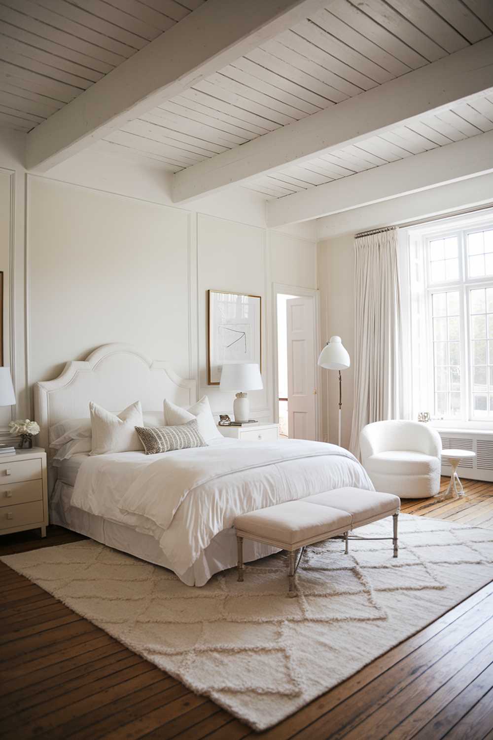 A all white bedroom design and decor with a high ceiling. The room has a king-size bed with a white headboard and a white duvet. There is a white nightstand next to the bed. A white chair is placed near the window. The floor is made of wooden planks. A white lamp is placed on the nightstand. The room has a white rug. The walls have white frames.