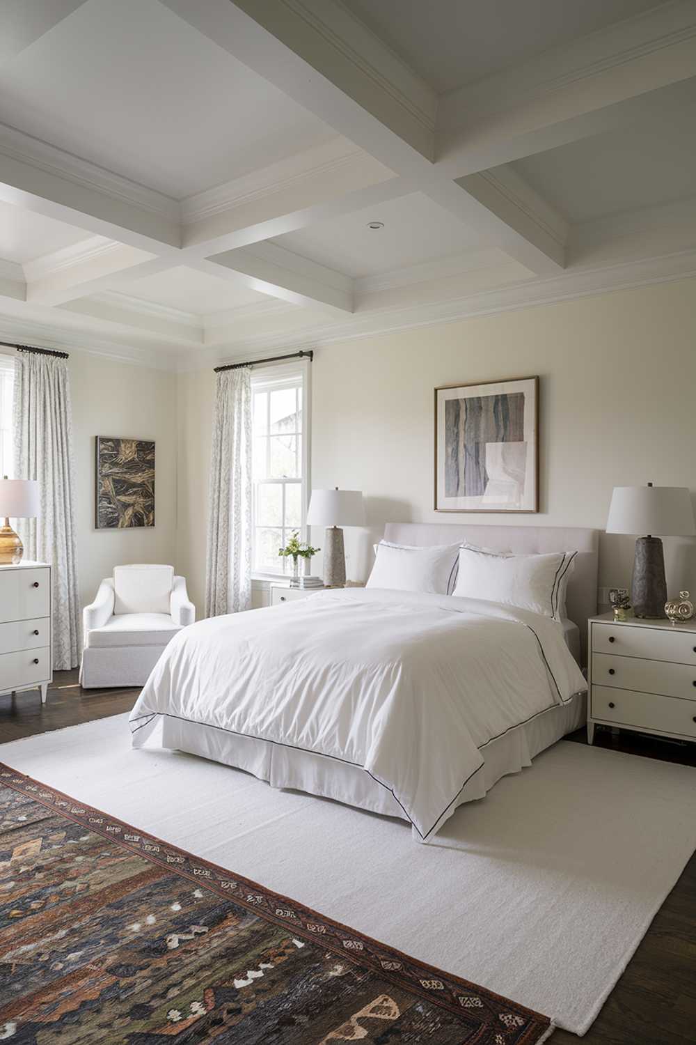 A white bedroom design and decor. The room has a queen-sized bed with a white duvet and two white pillows. There is a white chair in the corner, a white dresser with a lamp next to it, and a white nightstand with a lamp on the other side of the bed. The room has a white ceiling, walls, and floor. There is a white rug in front of the bed. There is a patterned area rug in the middle of the room. The room has a few pieces of art on the walls.