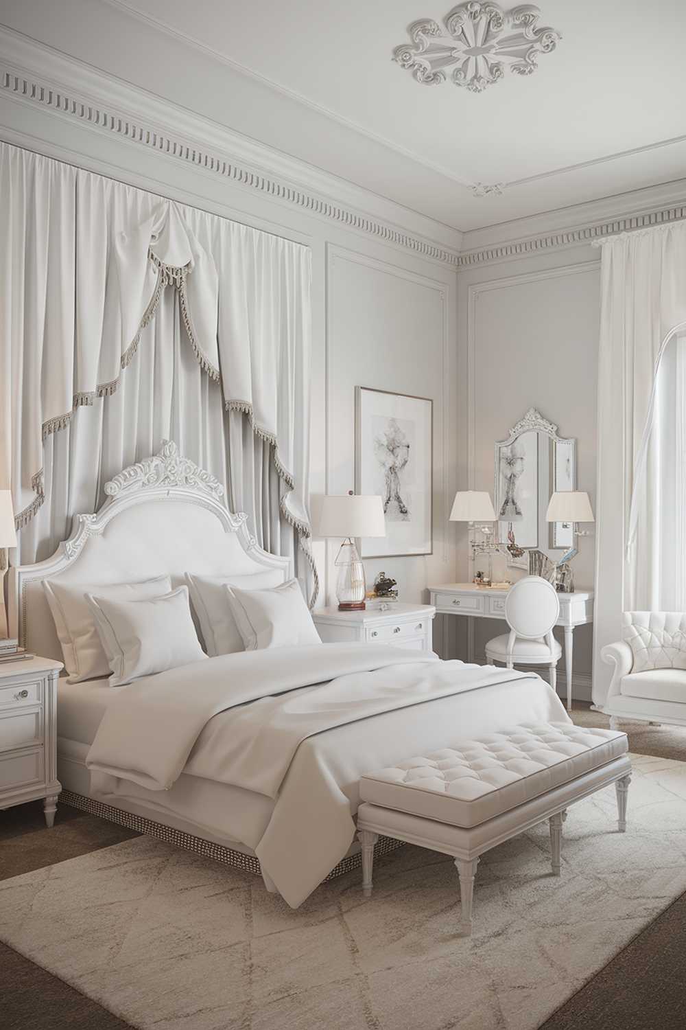 A stylish all-white bedroom design and decor. The room features a king-size bed with a white headboard and two white pillows. There is a white dresser with a mirror and a lamp beside the bed. The room also has a white chair in the corner and a white rug on the floor. There is a white curtain on the wall and a white decorative piece above the bed.