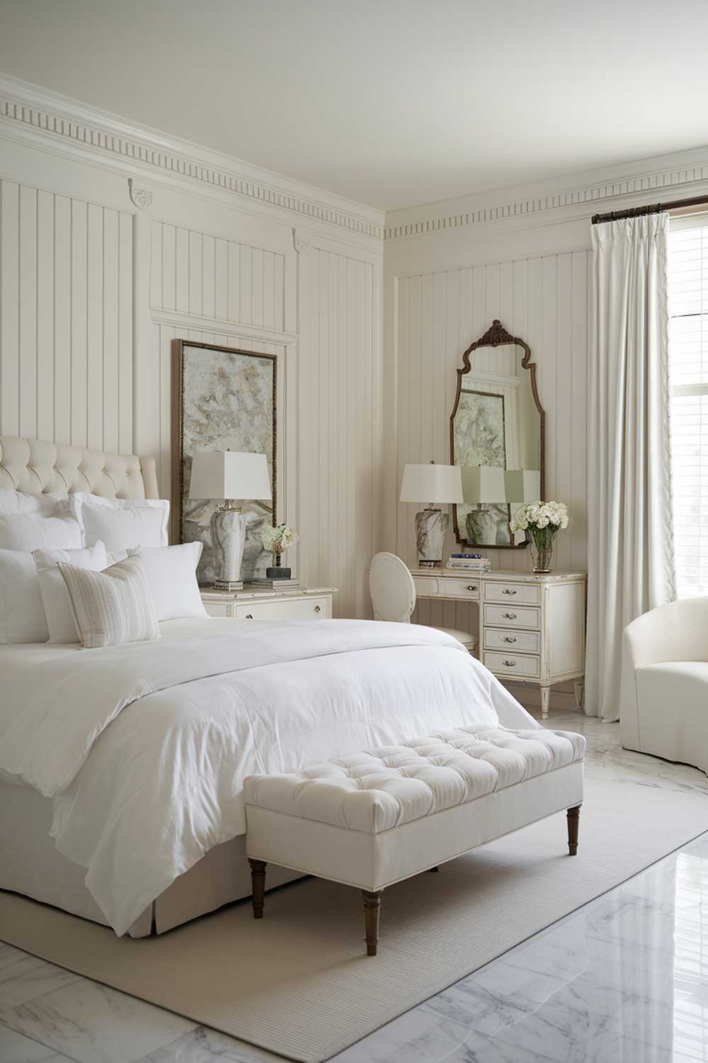 A stylish all white bedroom design and decor. The room has a large king-size bed with a white duvet and multiple white pillows. There's a white dresser with a mirror and a lamp. There's a white chair in the corner. The walls have white wooden panels. The floor is made of white marble. The room has a large window with white curtains. There's a white rug near the bed.