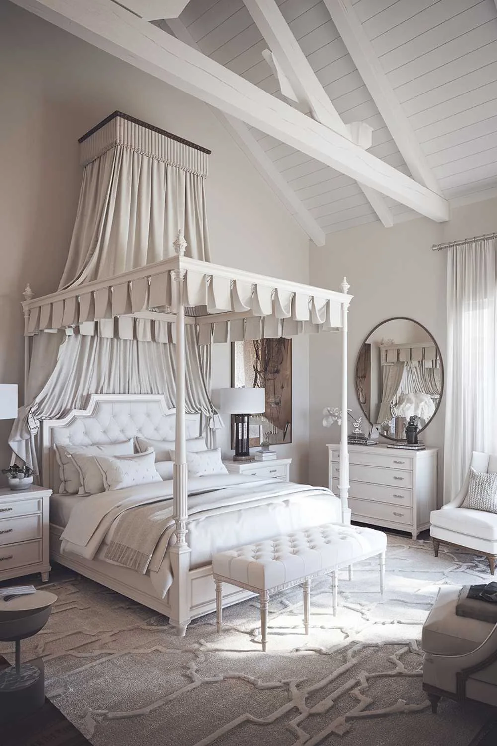 A white bedroom design and decor. The bedroom has a high ceiling and is filled with natural light. The room contains a large white bed with a white canopy, a white dresser, a white nightstand, and a white chair. There are also a few decorative items, such as a white lampshade, a white curtain, and a white rug. The walls are painted white.