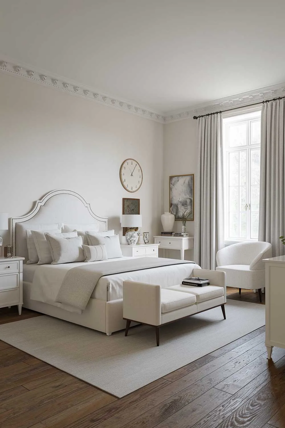 A white bedroom design and decor. The room has a king-size bed with a white headboard, two white nightstands, and a white dresser. There's a white chair in the corner. The walls are painted white. The floor is made of wooden planks. There's a large window with white curtains. The room has a few decorative items, including a lamp, a vase, and a wall clock.