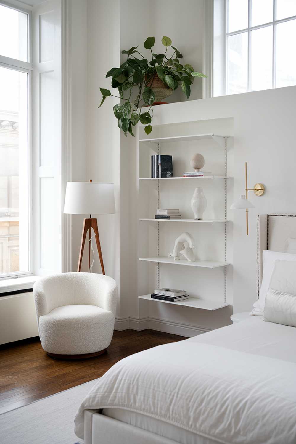 A white bedroom with stylish decor. The room has a high ceiling, large windows, and a wooden floor. There's a white bed with a plush pillow and a white duvet. A set of white shelves is placed on the wall near the bed. A white chair with a curved backrest sits near the window. A white lamp with a wooden base and a white lampshade is placed on the floor near the chair. A potted plant with green leaves is placed on the top of the white shelves.