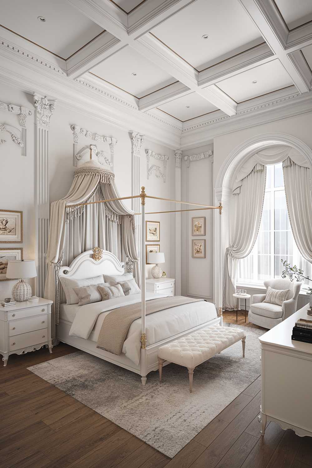 A white bedroom design and decor. The bedroom has a high ceiling and is furnished with a white canopy bed, a white dresser, a white nightstand, and a white chair. There is a rug under the bed. The walls are adorned with artwork. The room has architectural details such as moldings and a curved wall. There is a window with white curtains. The floor is made of wood.