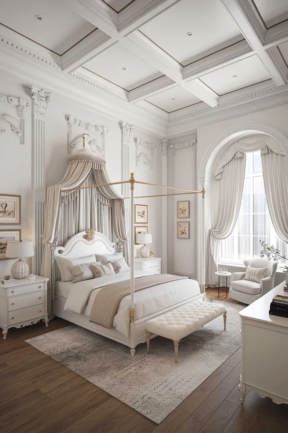 A white bedroom design and decor. The bedroom has a high ceiling and is furnished with a white canopy bed, a white dresser, a white nightstand, and a white chair. There is a rug under the bed. The walls are adorned with artwork. The room has architectural details such as moldings and a curved wall. There is a window with white curtains. The floor is made of wood.