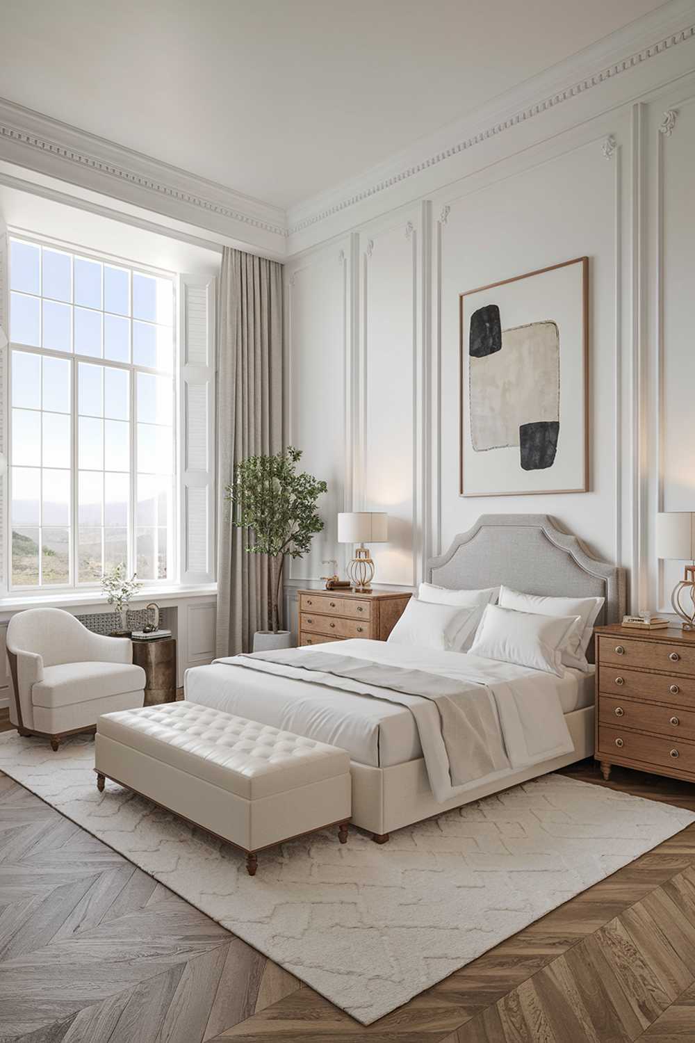 A white bedroom design and decor. The room has a large window with a view of a serene landscape. A double bed with a white mattress and a grey headboard is positioned in the middle of the room. A wooden dresser with multiple drawers and a matching nightstand with a lamp are placed beside the bed. A white chair with a small table is positioned near the window. The floor is covered with a white rug. The walls are adorned with a large abstract painting and a small plant.