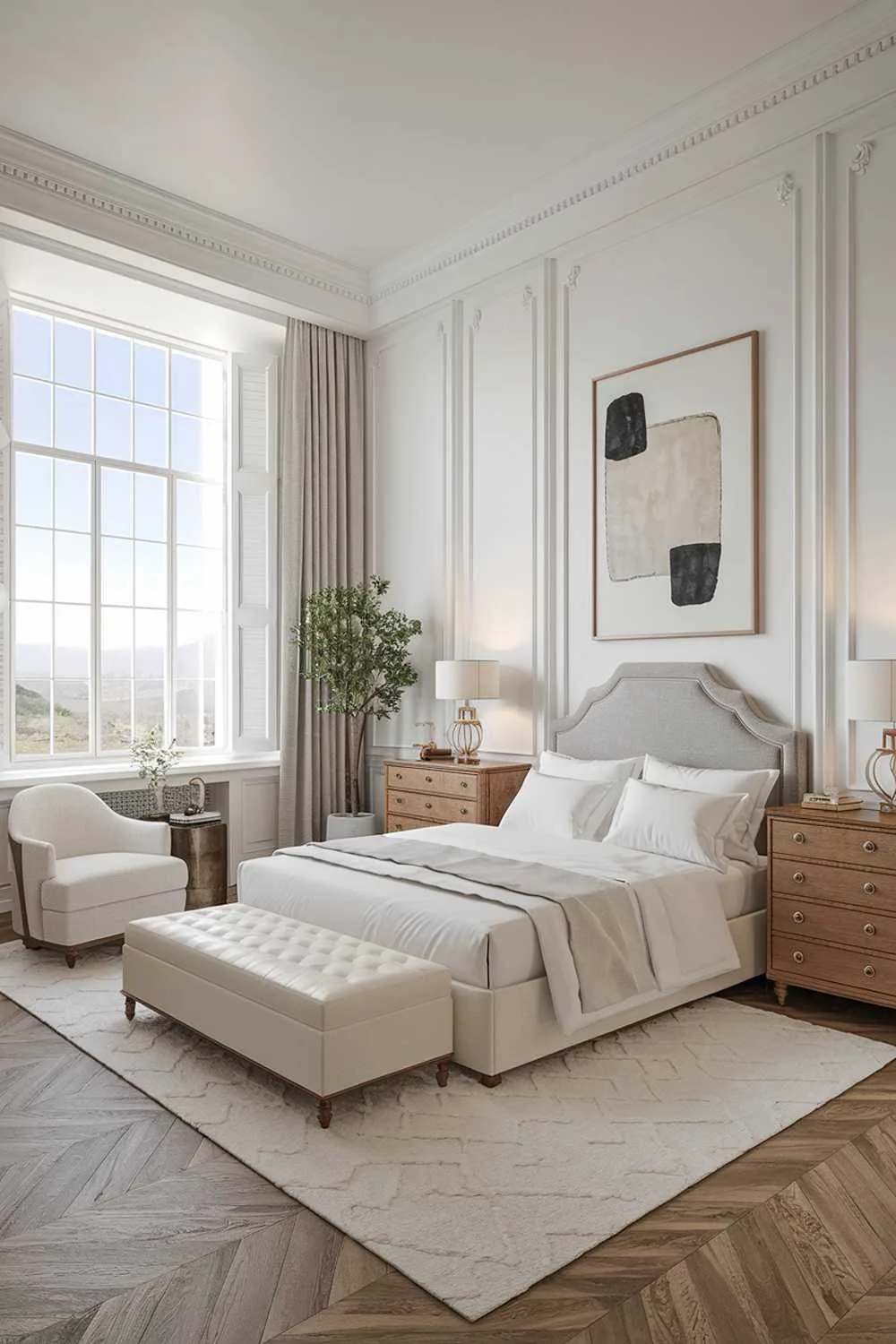 A white bedroom design and decor. The room has a large window with a view of a serene landscape. A double bed with a white mattress and a grey headboard is positioned in the middle of the room. A wooden dresser with multiple drawers and a matching nightstand with a lamp are placed beside the bed. A white chair with a small table is positioned near the window. The floor is covered with a white rug. The walls are adorned with a large abstract painting and a small plant.