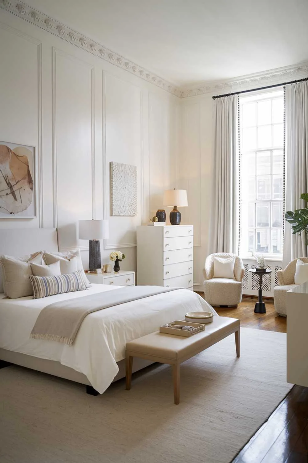 A white bedroom design and decor. The room has a queen-size bed, a nightstand on each side, a tall dresser, and a seating area with a chair and a small table. The walls are white and have a few pieces of artwork. The room has a large window with white curtains. The floor is hardwood. There are various decorative items, such as a lamp, a vase, and a plant.