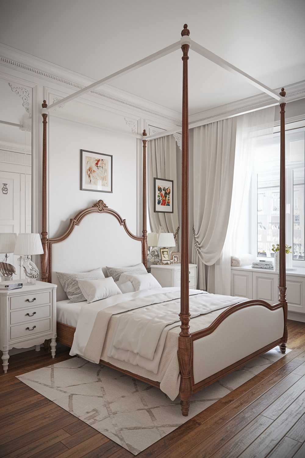 A white bedroom design. The room features a queen-size bed with a white headboard and a wooden frame. There is a white dresser with a mirror and a white nightstand beside the bed. The room has a white lampshade on the nightstand and a white curtain covering a window. The floor is made of wooden planks. The room has a few pieces of artwork on the wall.